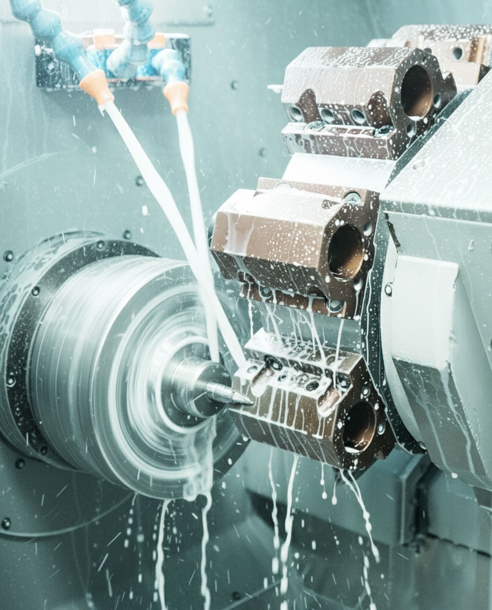 Turning operation with coolant on a CNC lathe